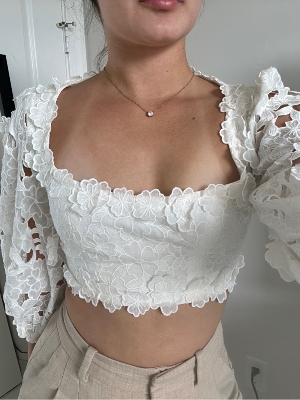 Zimmermann Ivory Floral Lace Square-Neck Crop Top
